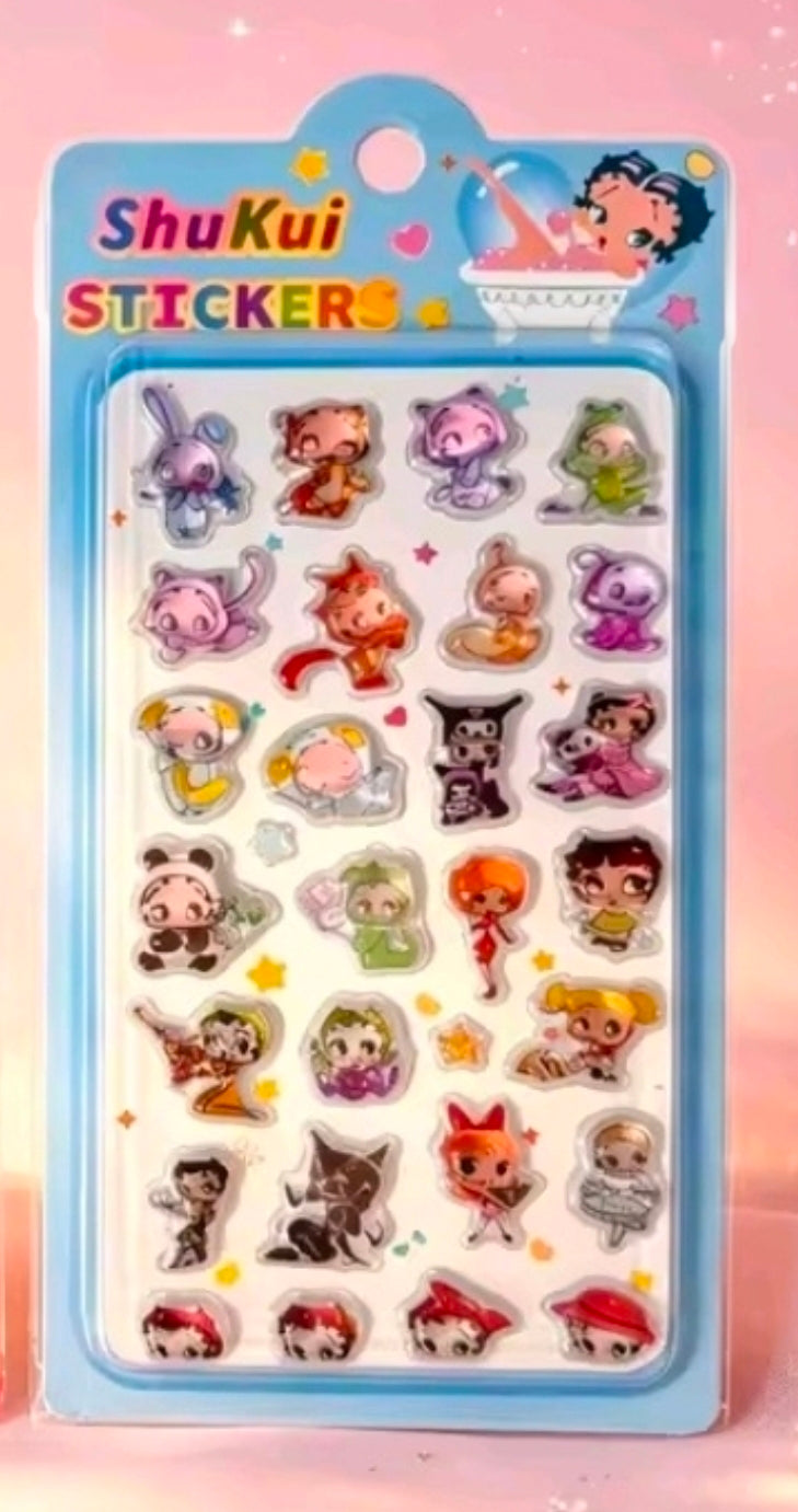 Cartoon sticker sheet in blue holder, featuring assorted animal and character icons