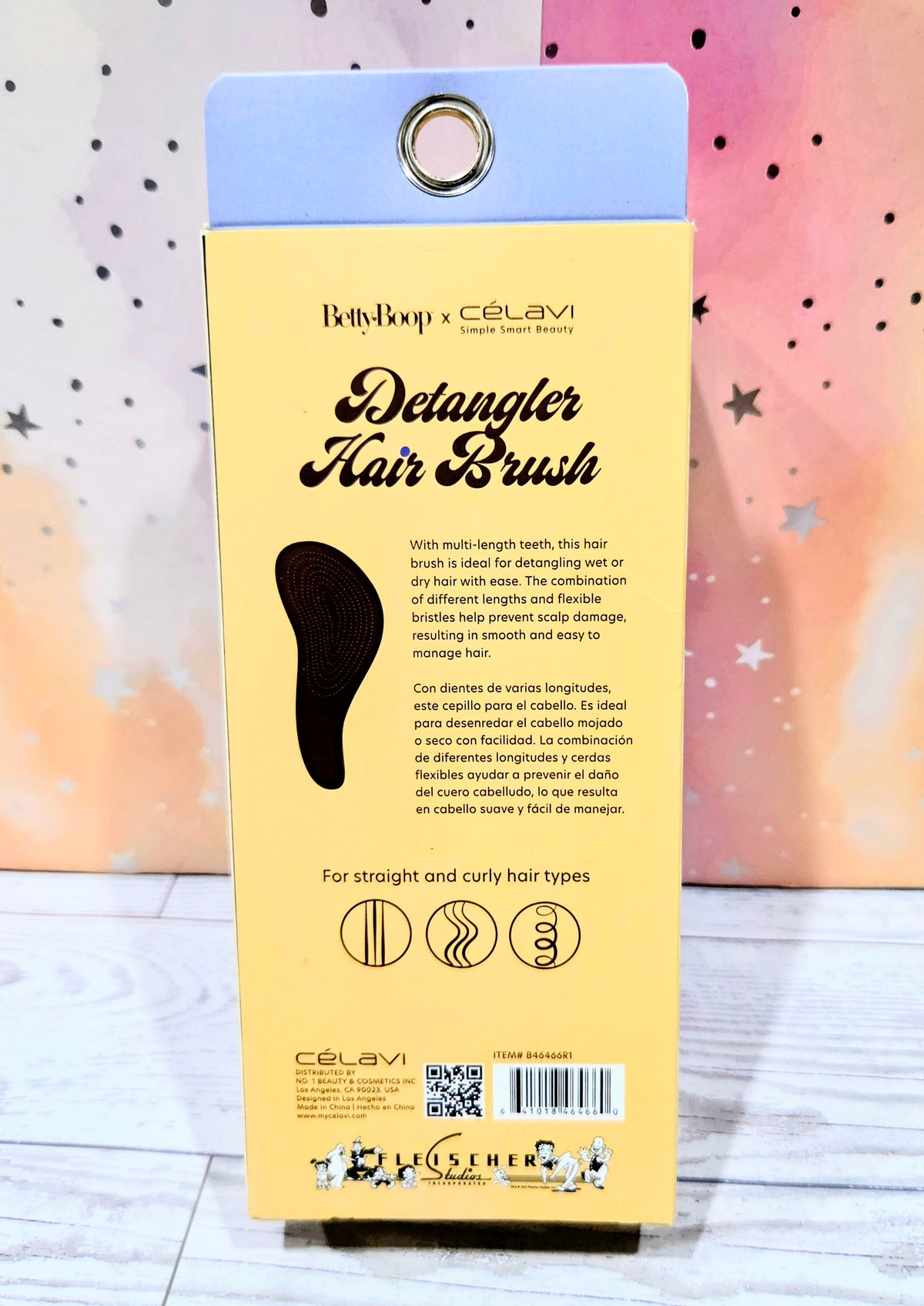 Celavi Betty Boop detangler hair brush retail box, yellow package with product description