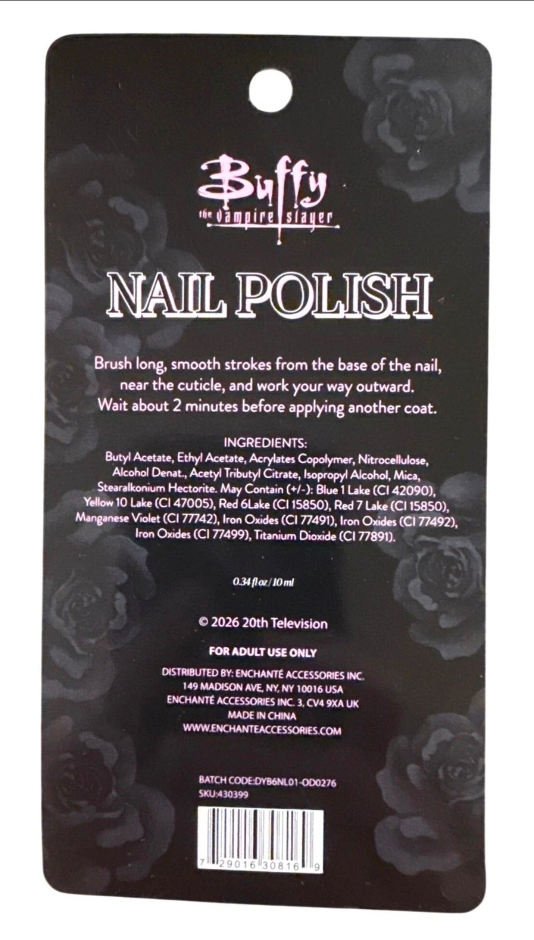 Nail polish product packaging back with barcode and ingredient information panel.