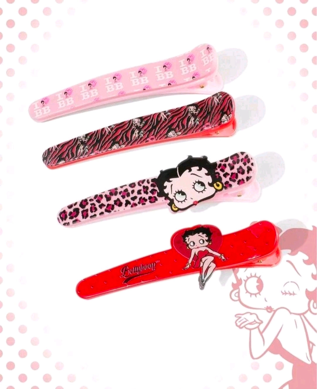 Character hair clips in pink, zebra, leopard, and red designs with Betty faces