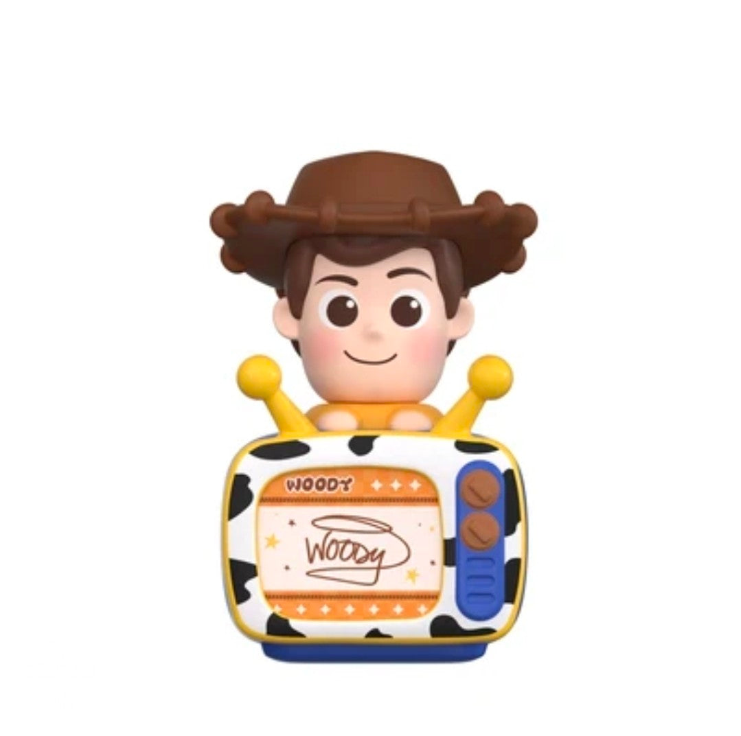 Woody TV figure with a cow-print frame, brown cowboy hat and blue controls
