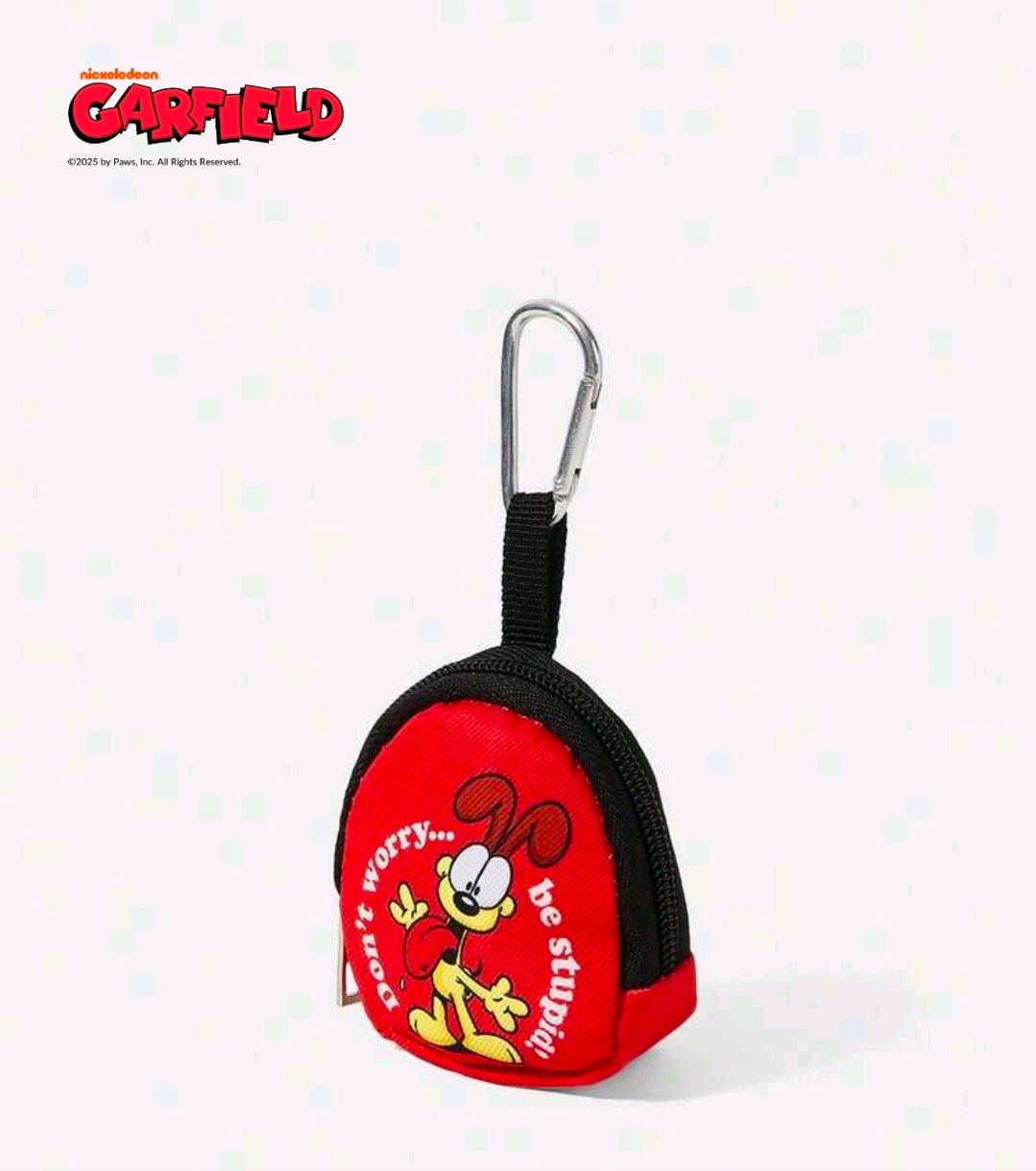Red Garfield mini coin pouch keychain with black strap and metal keyring