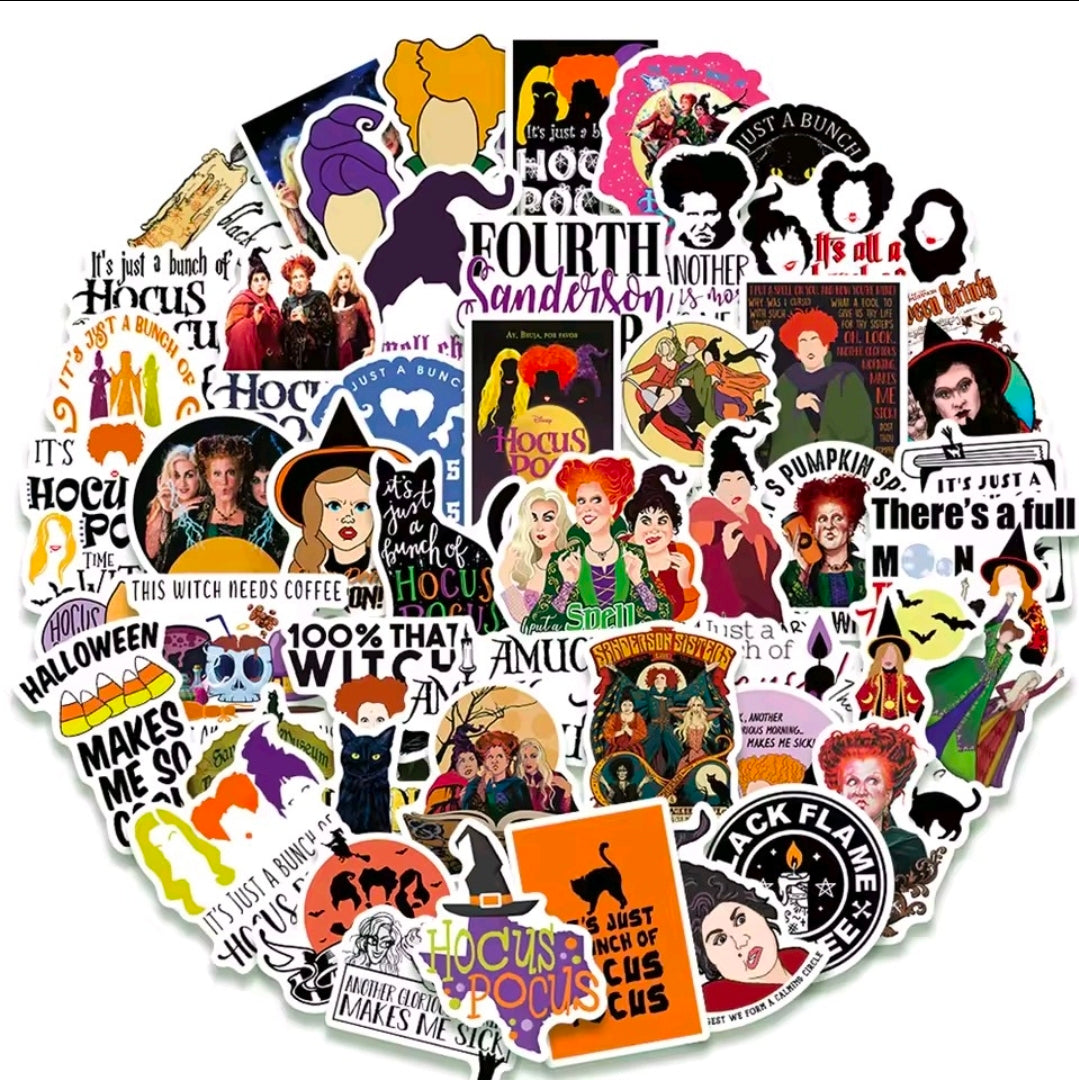 Halloween Hocus Pocus vinyl sticker pack with colorful die-cut witches, cats, and cauldron-themed designs