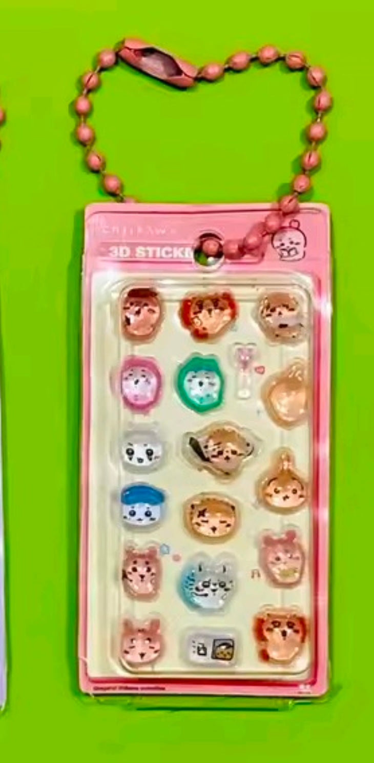 Mini gashapon sticker keychain with 3D character sticker sheet and pink bead strap