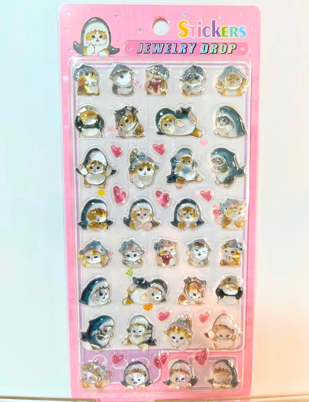 Cat jewelry drop puffy sticker sheet, pink pack with domed cat and heart charm stickers