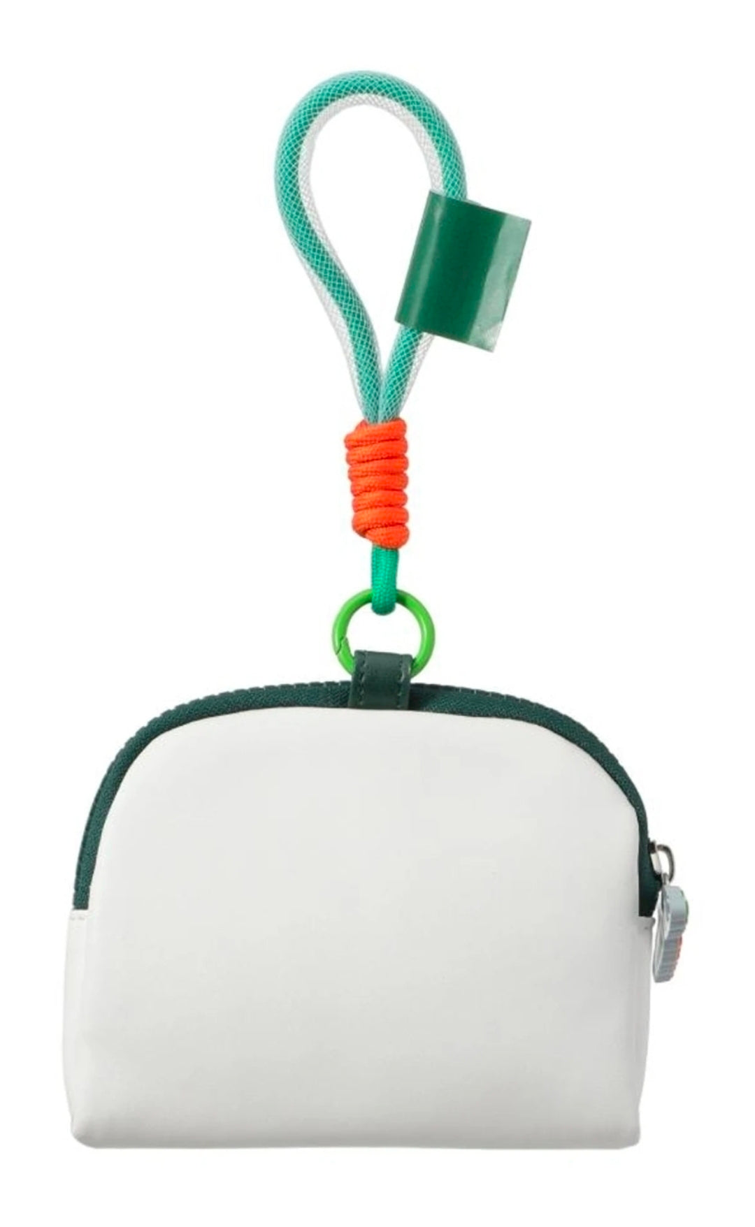 White coin purse keychain pouch with green trim, zipper and orange cord, clip loop