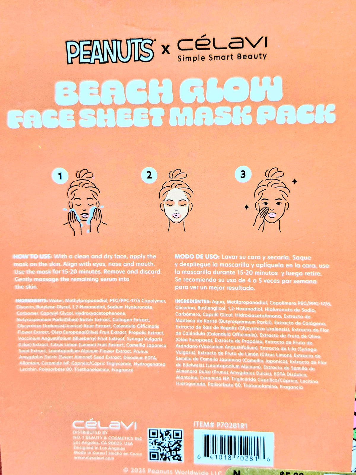 Beach glow face sheet mask pack, back panel with mask instructions and icons