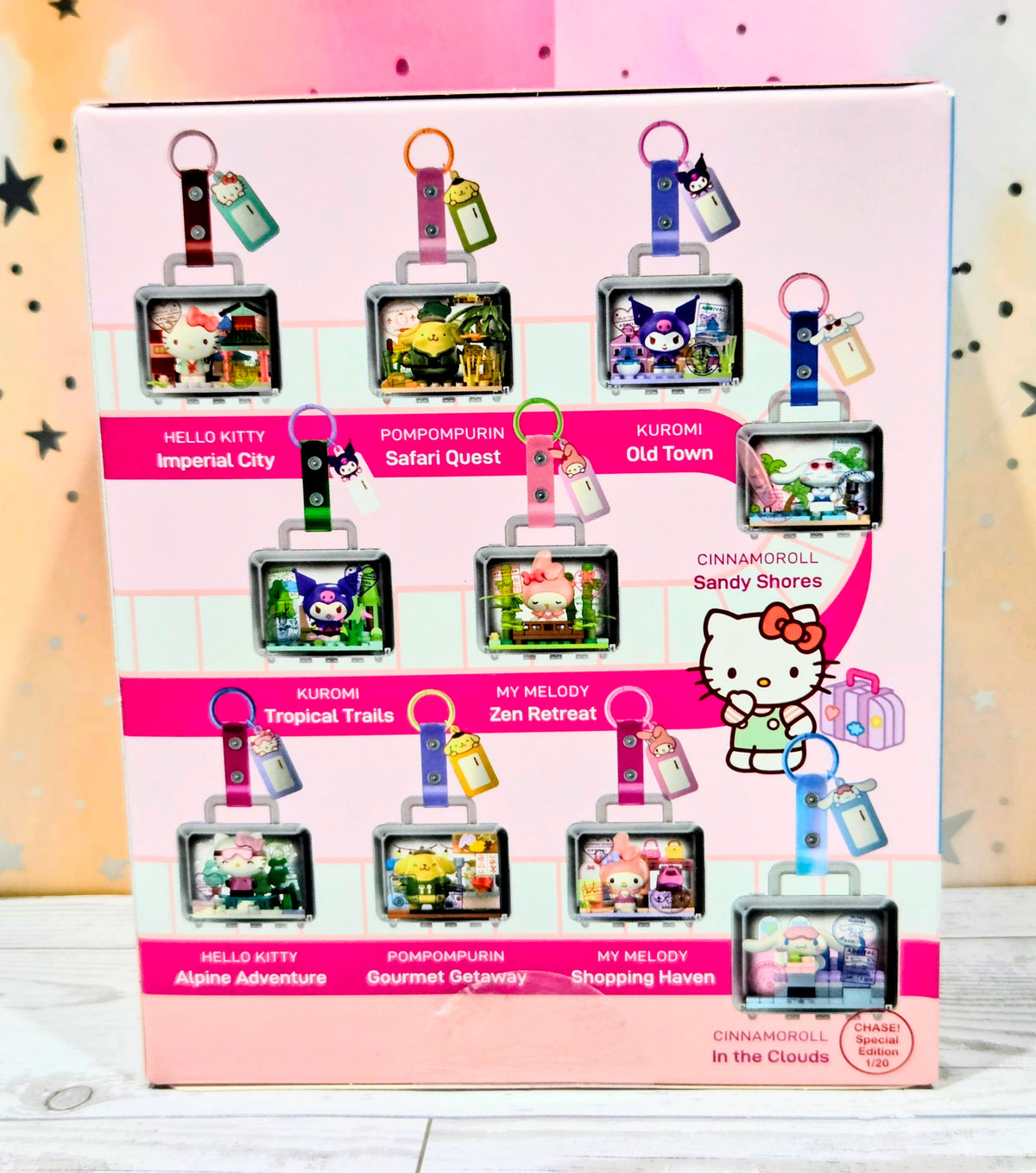 Hello Kitty and Friends building block keychain box showing destination name tags