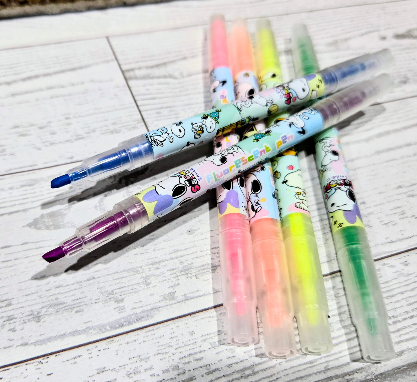 Snoopy Dual Tip Highlighter Set 6pc Fluorescent Peanuts Kawaii Stationery Chisel Fine Point Pink Orange Yellow Green Blue Purple