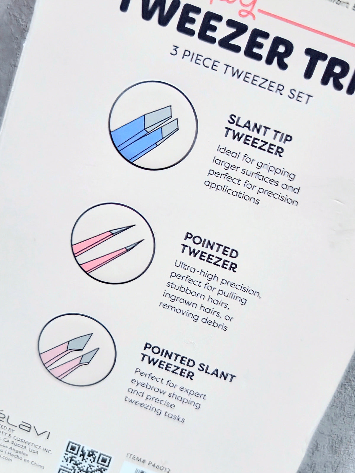 3-piece tweezer set card showing slant tip and pointed tip diagrams