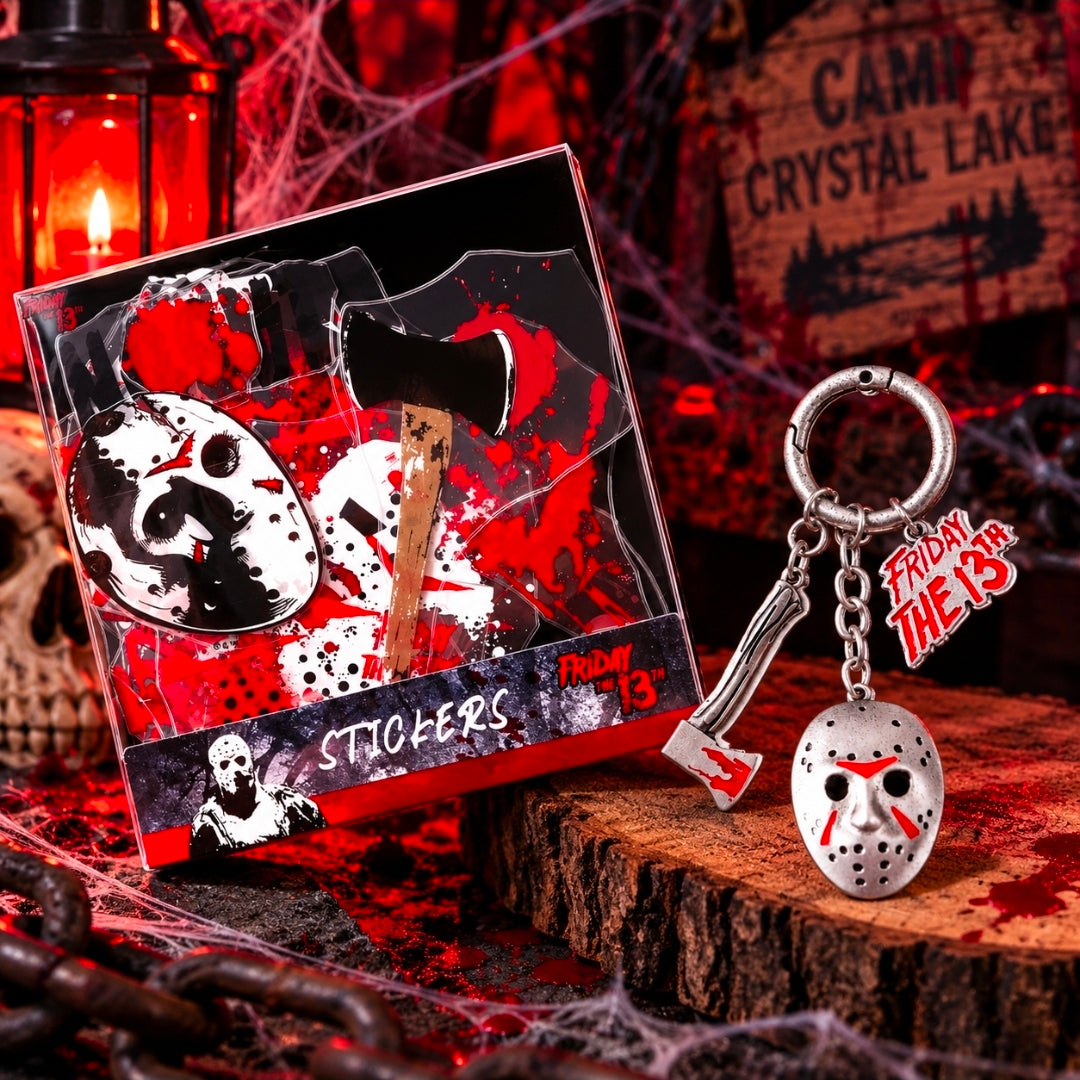 Silver keychain with hockey mask charm and sticker pack with red splatter graphics