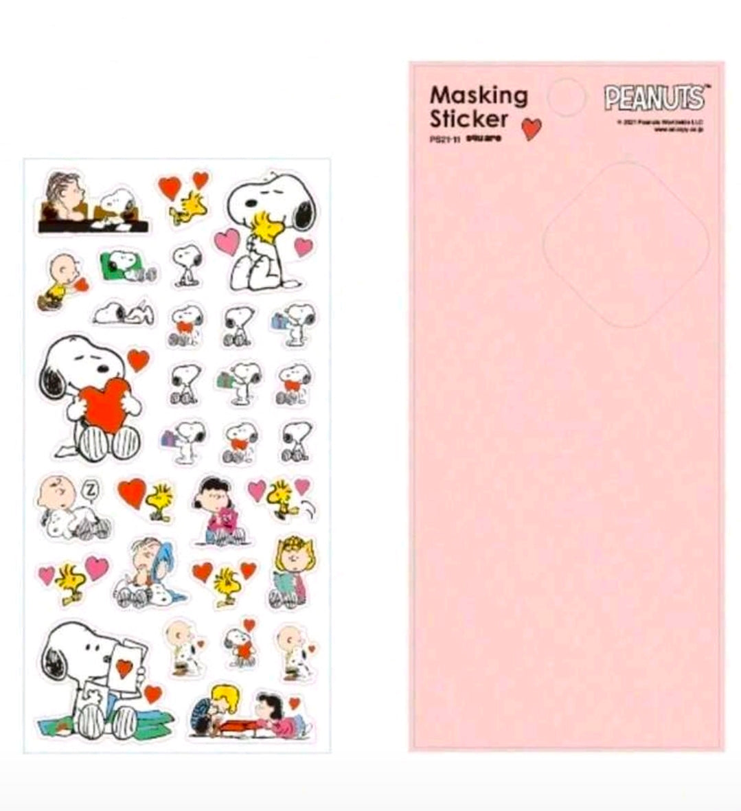 Peanuts masking sticker sheet with Snoopy, kids, and hearts on white stickers