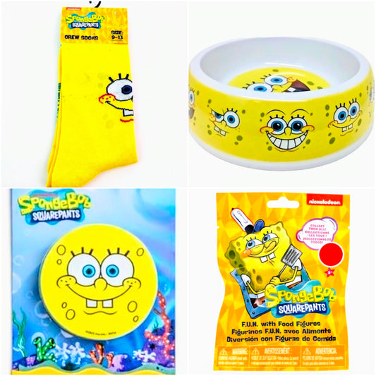 Set view of yellow SpongeBob SquarePants crew socks and white pet bowl with character print
