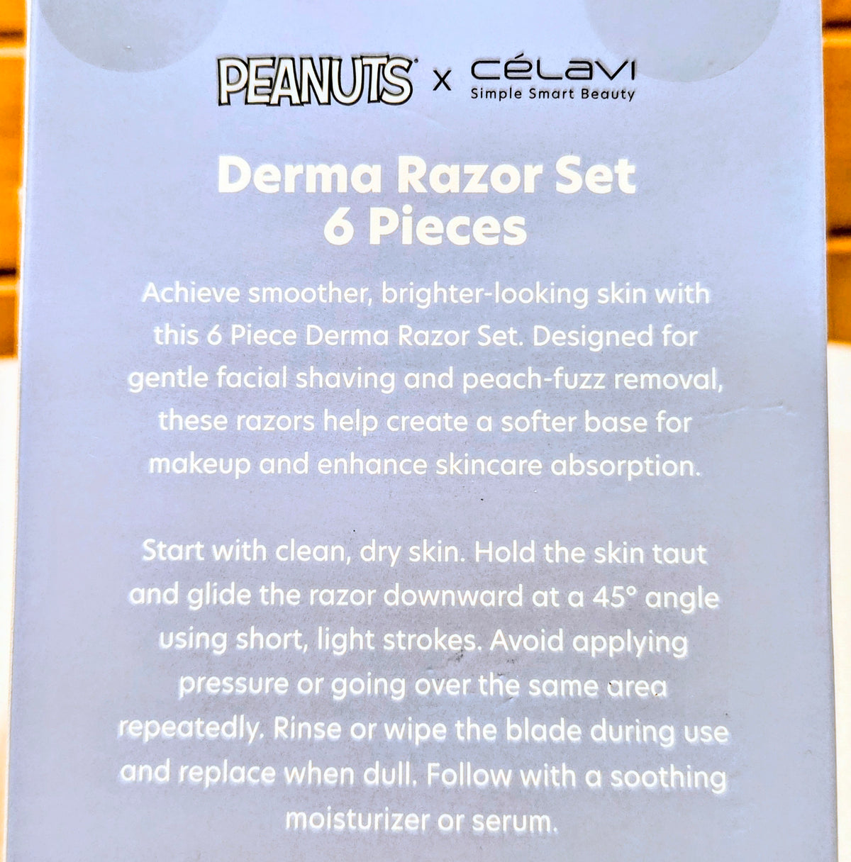 Peanuts x Celavi Derma Razor set box labeled 6 pieces with shaving directions
