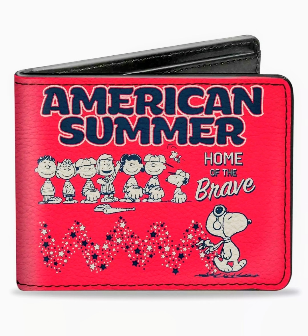 Red Snoopy bi-fold wallet with AMERICAN SUMMER text and patriotic stars.