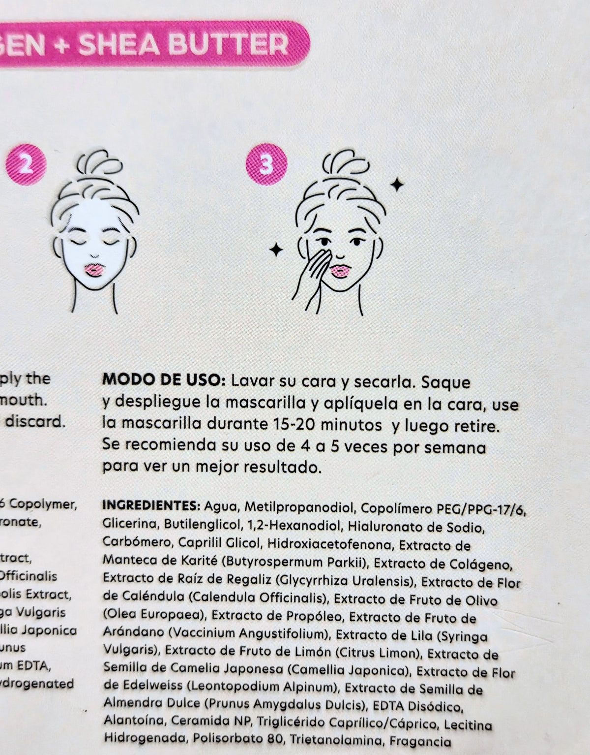 Sheet mask instructions page with numbered step icons and ingredient list