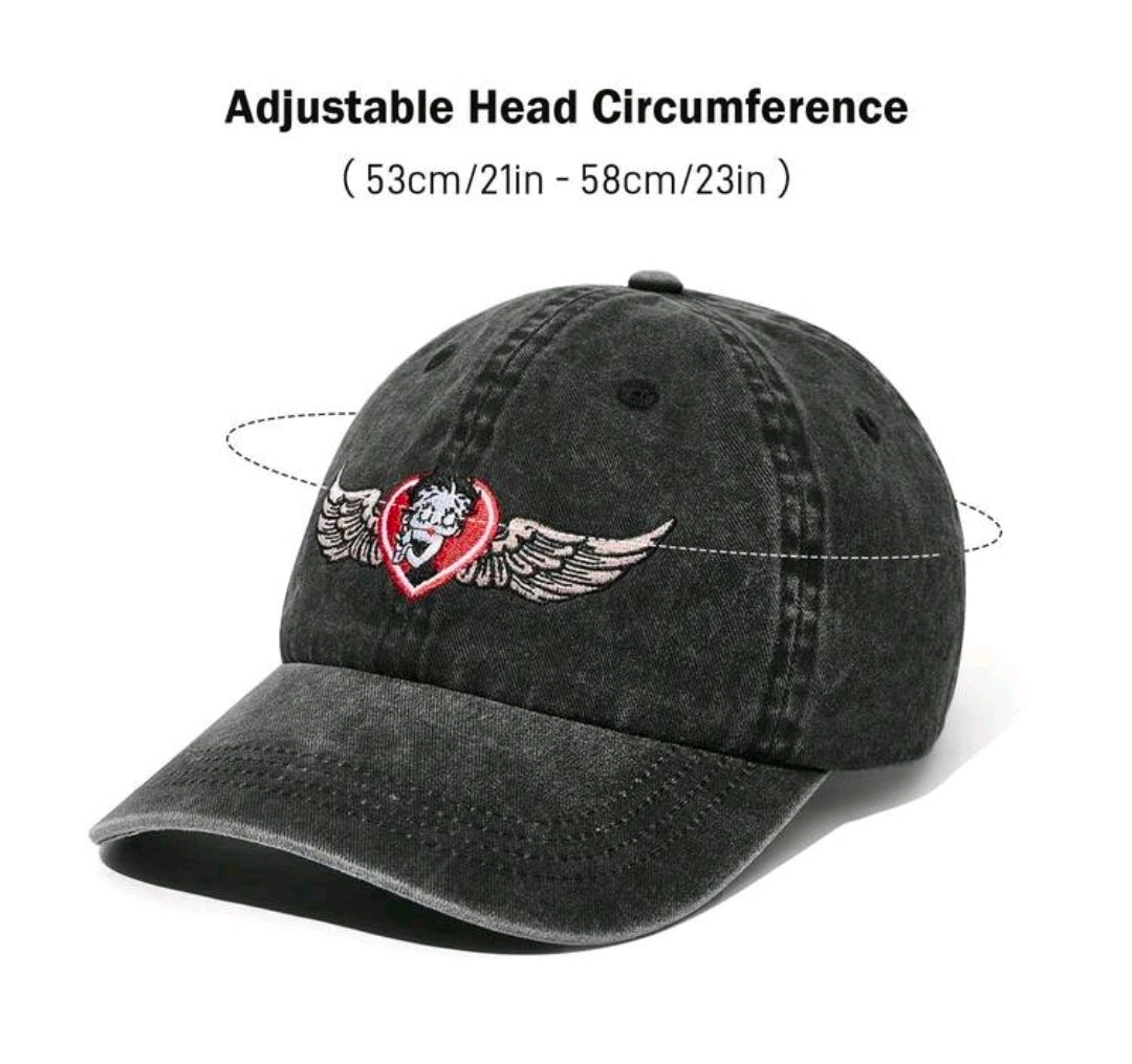 Betty Boop Embroidered Dad Hat Wings Heart Adjustable Black Denim Cap