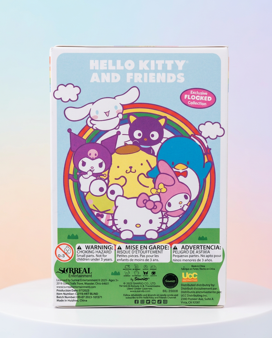 Hello Kitty and Friends flocked keychain in colorful display box, Exclusive Flocked badge.