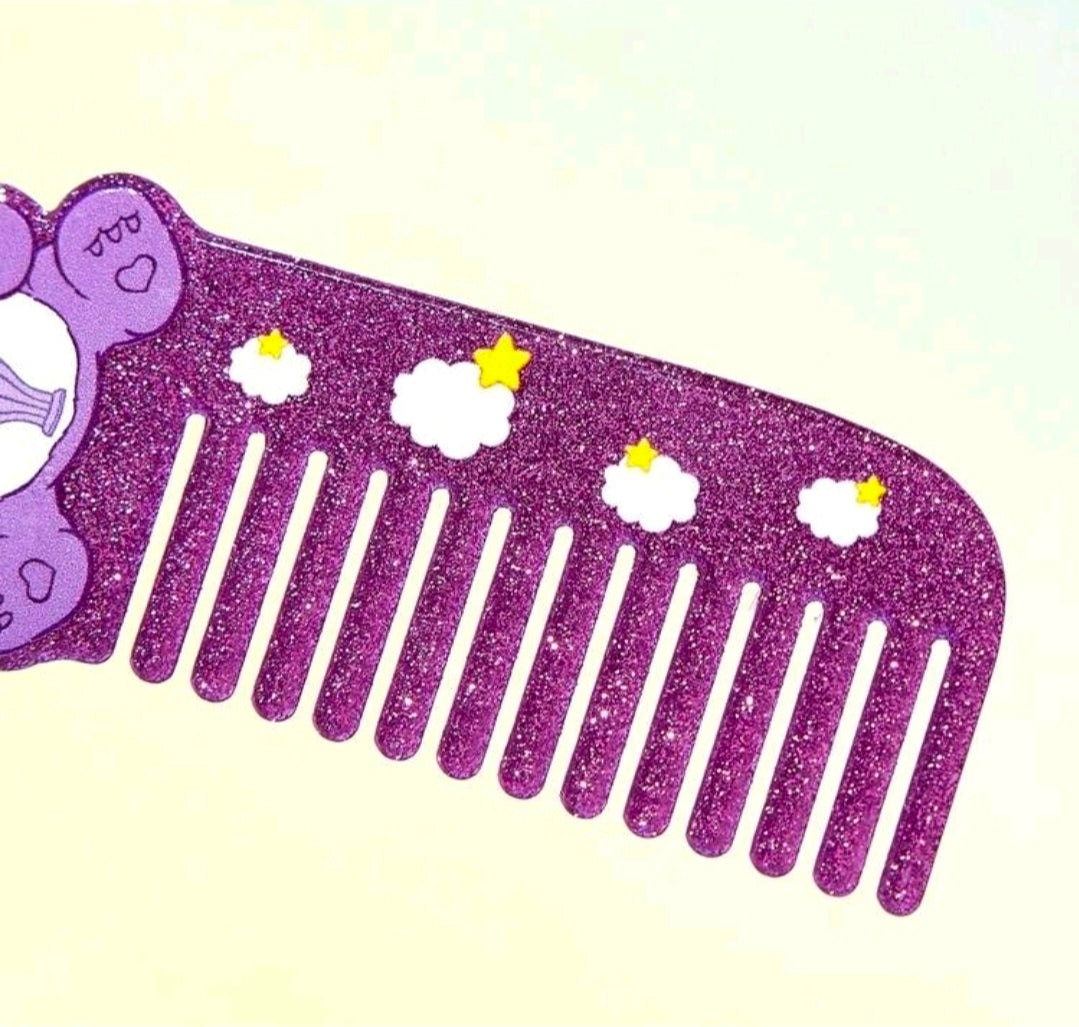 Purple glitter mini comb keychain with white stripe and star accents