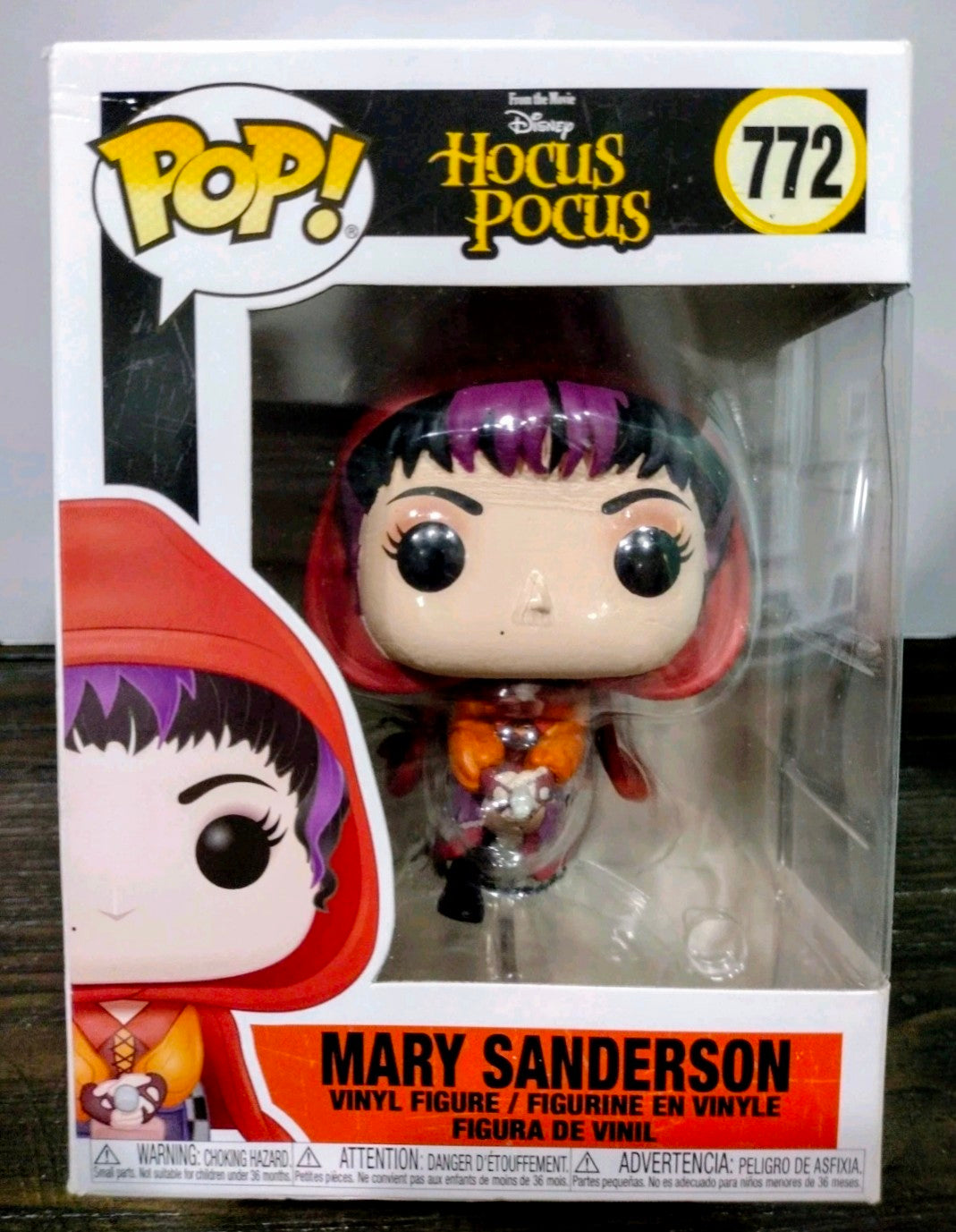 Mary Sanderson Funko Pop vinyl figure in clear box, red hood and purple hair