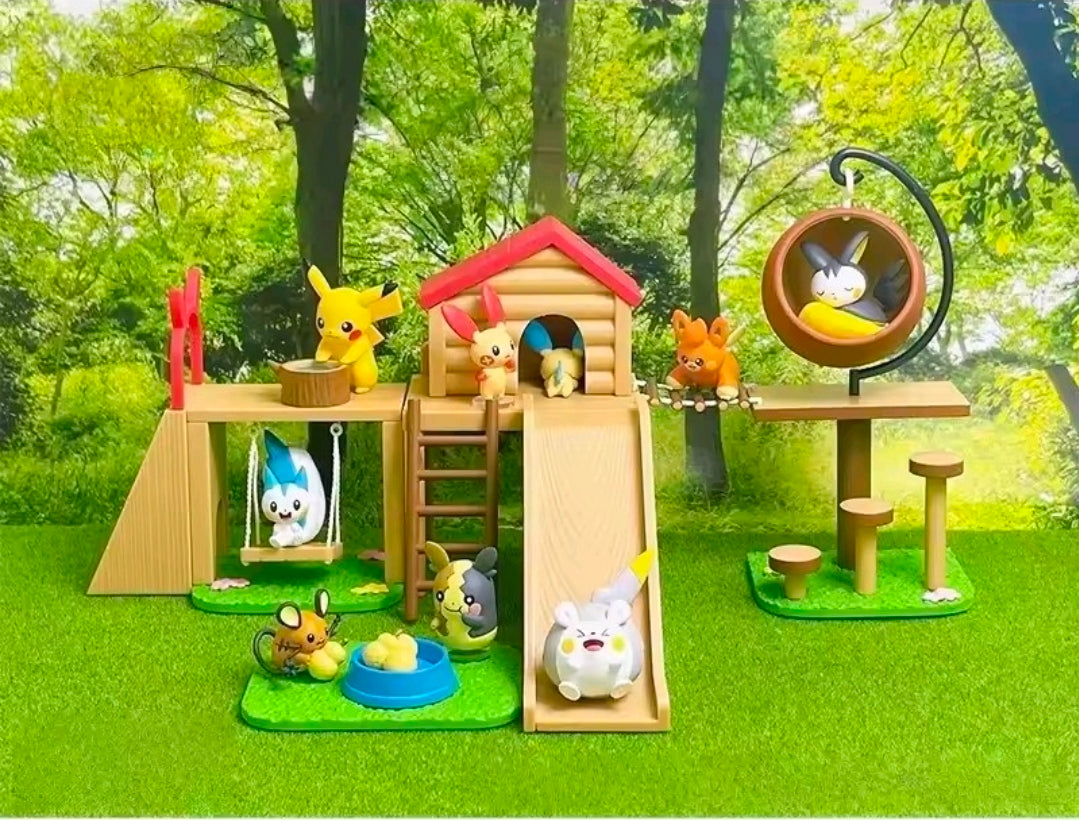 Pokemon mini figure outdoor playground playset with slides, wheel, and animal figures