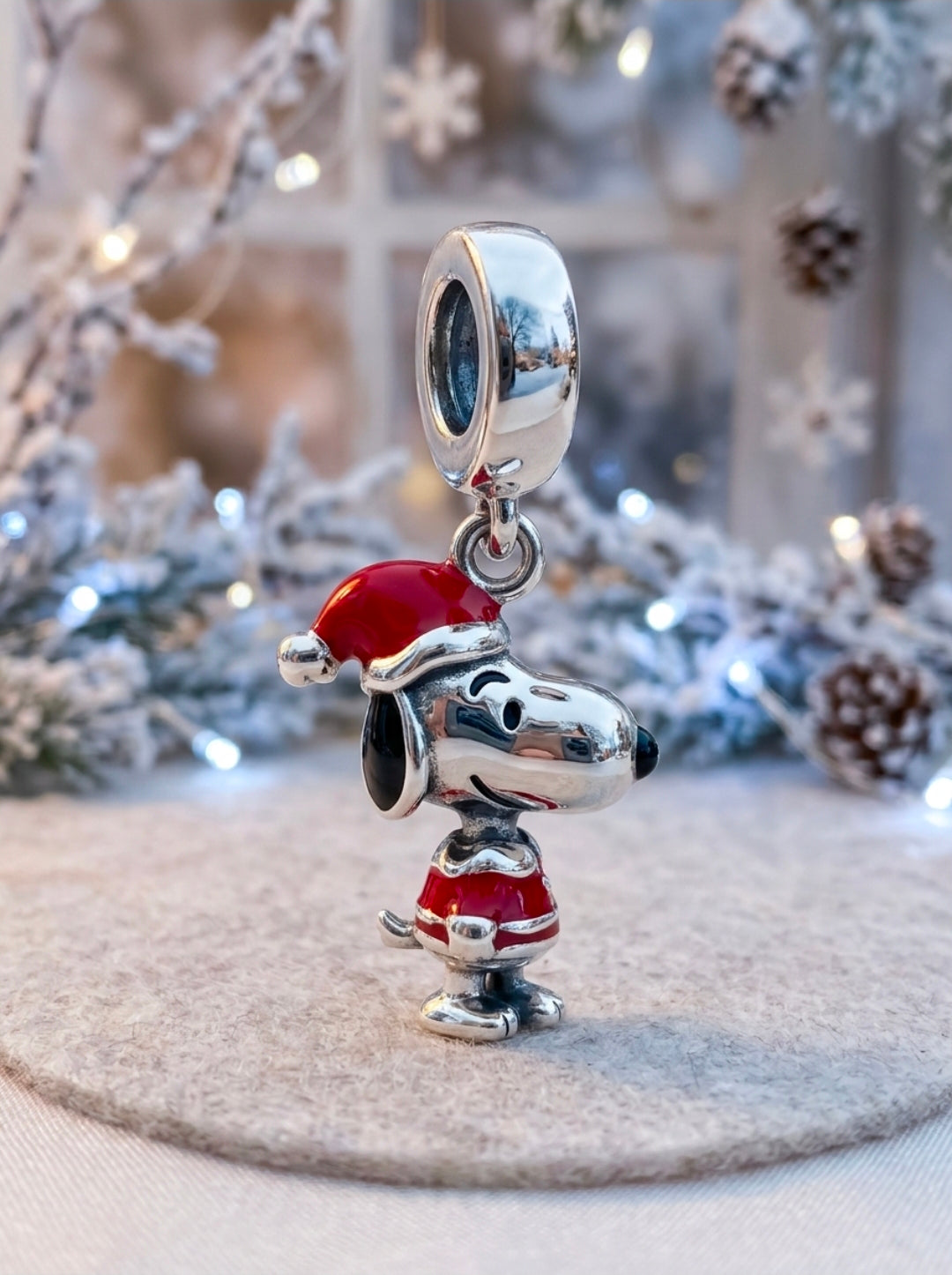 Sterling silver Snoopy Santa dangle charm, side view, red hat