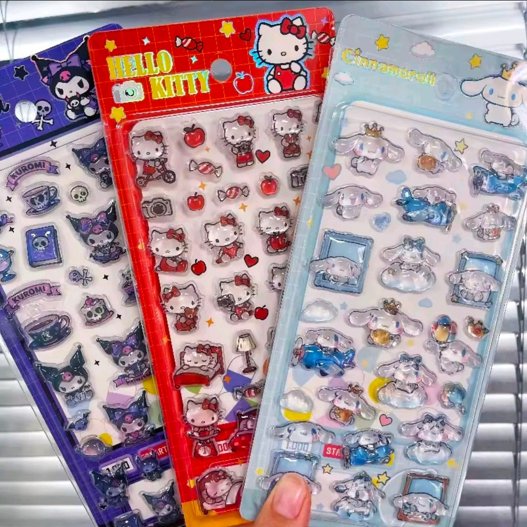 Assorted puffy sticker sheets: Kuromi (purple), Hello Kitty (red), and Cinnamoroll (blue)