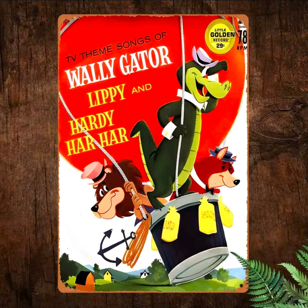 Retro aluminum wall sign with colorful cartoon characters and bold red/yellow title text