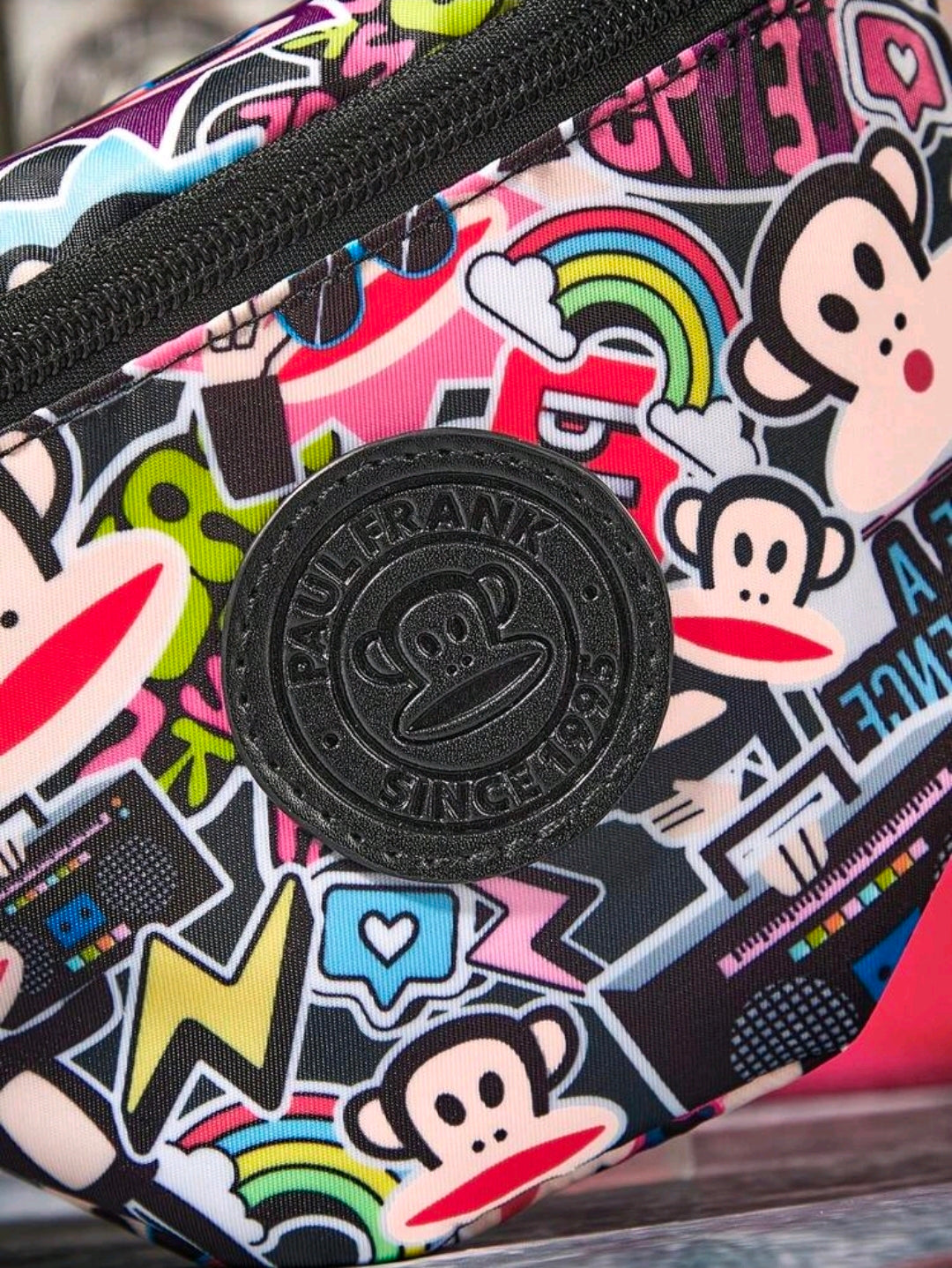 Colorful monkey sticker print belt bag with round embossed logo patch