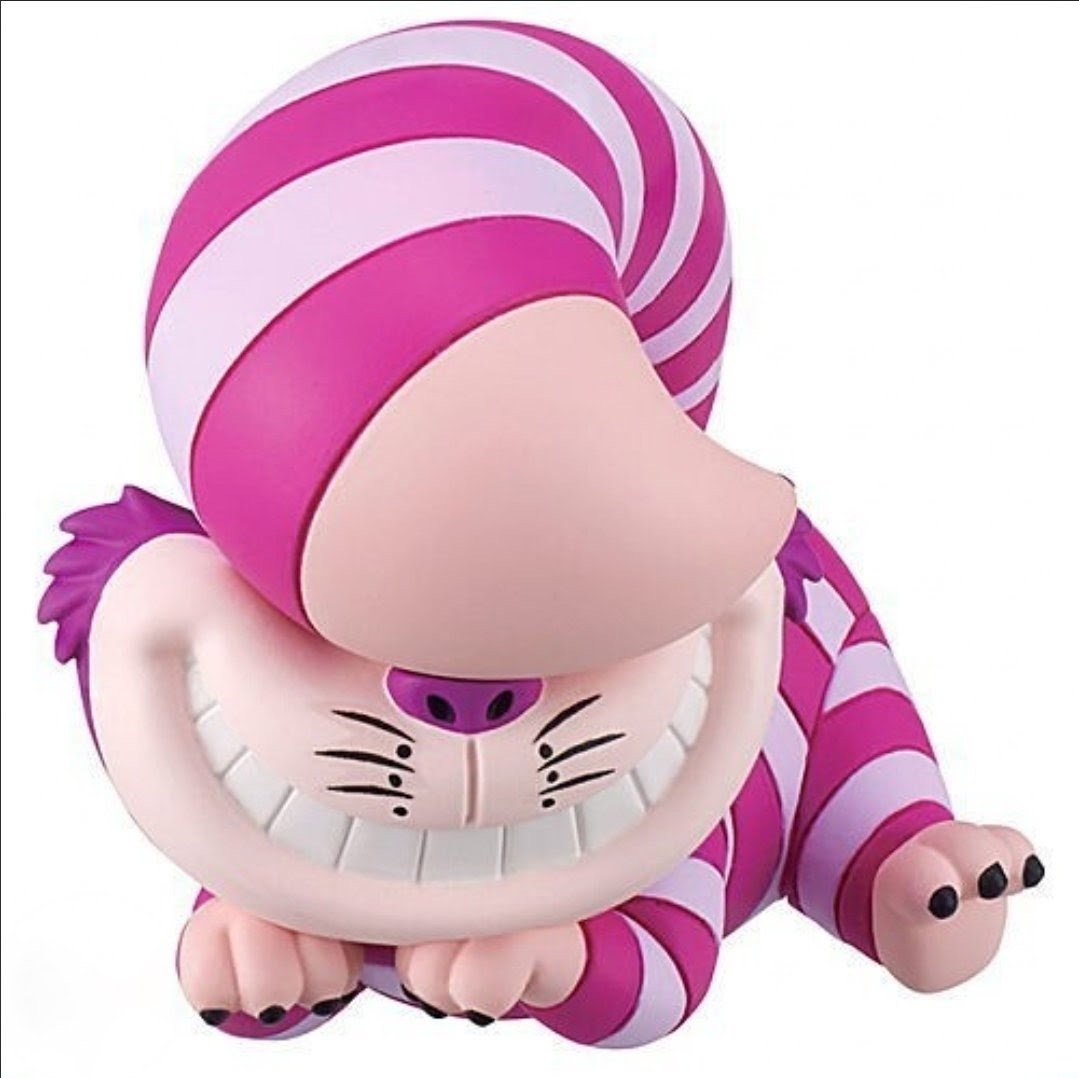 Pink-and-white striped cat gashapon figure curled up with open grin