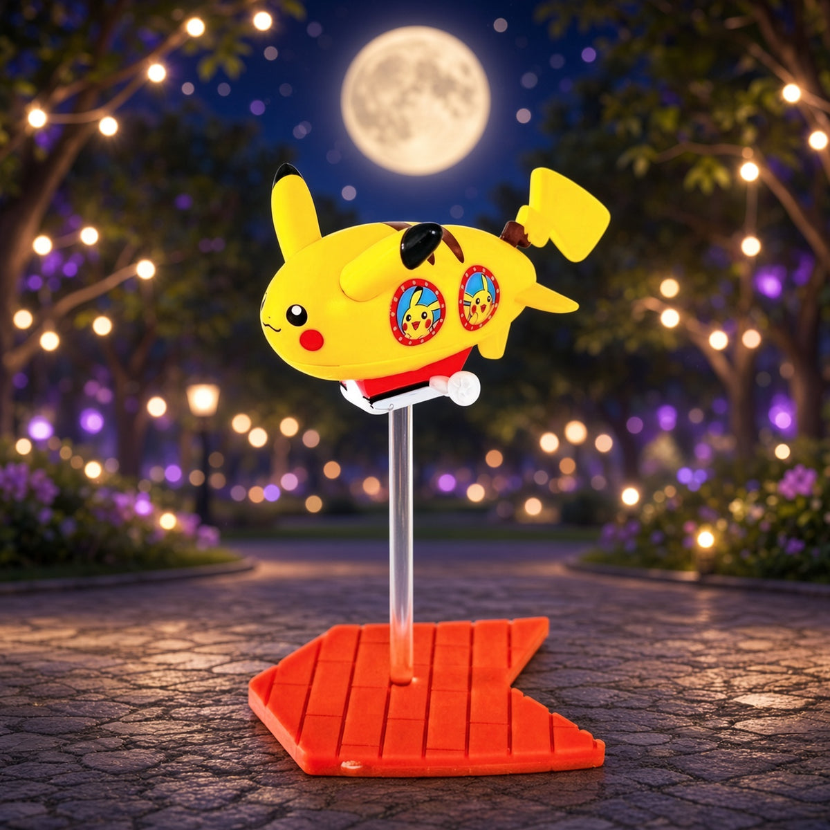 Pikachu mini figure with colorful badge chest and red scarf on orange-brown brick base