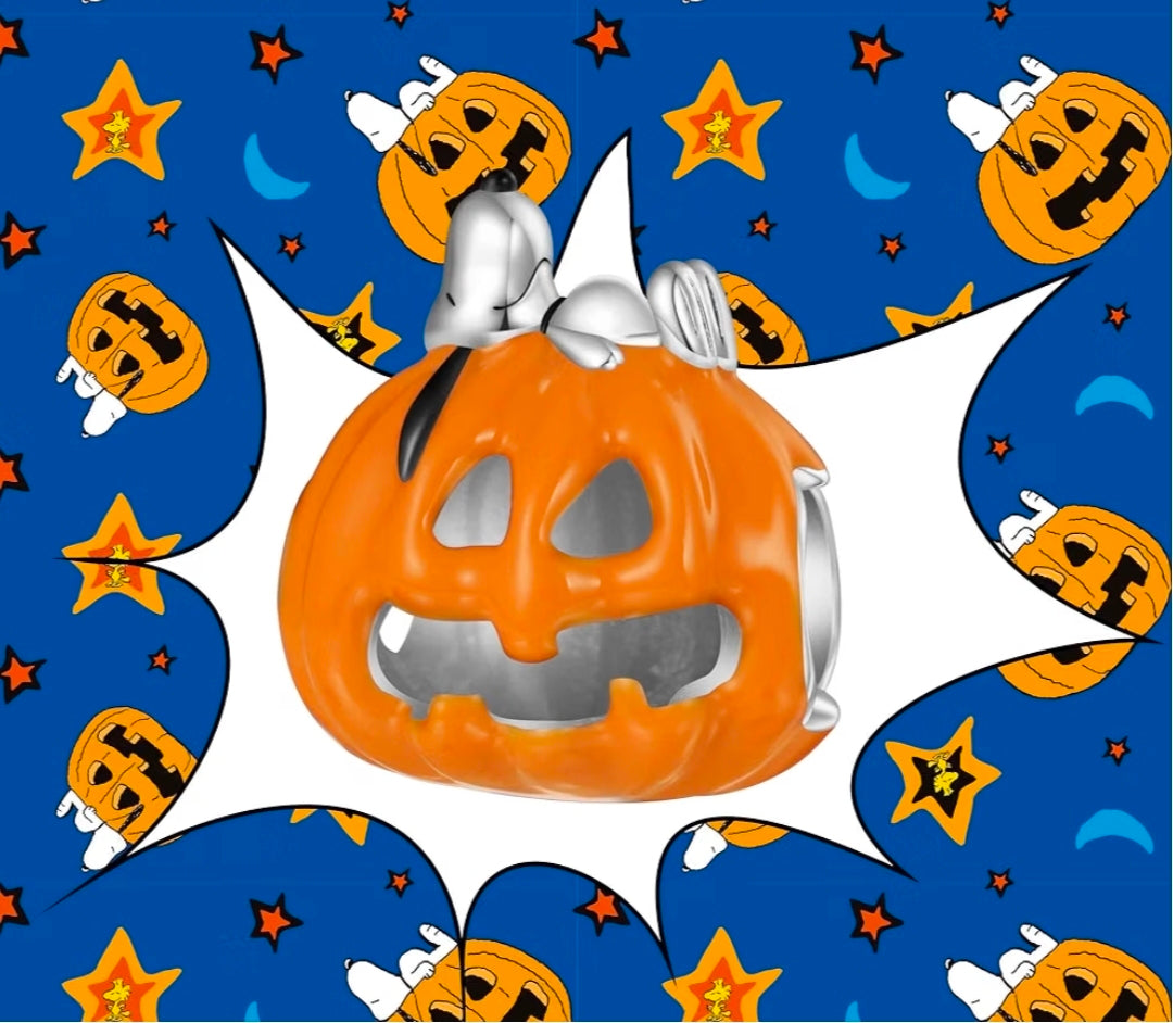Silver S925 charm with orange jack-o'-lantern enamel and sleeping dog figure design