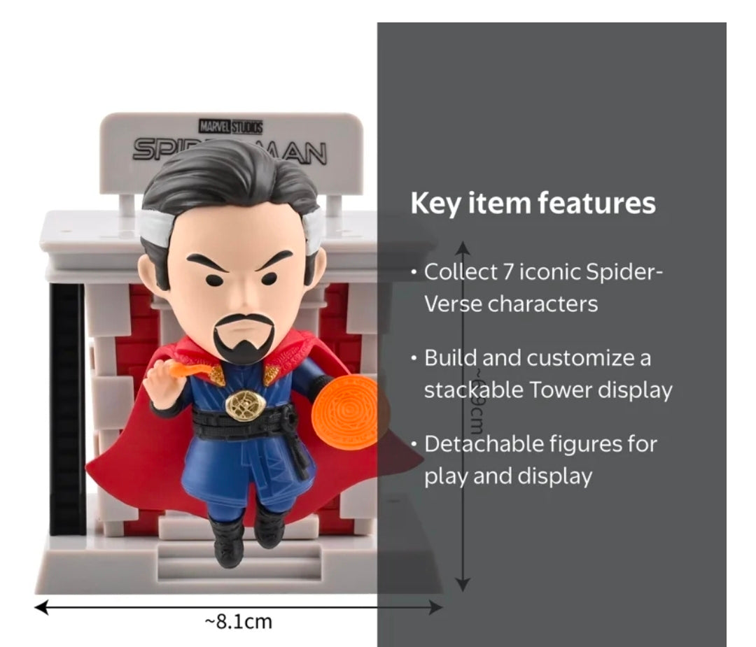 Spider-Man tower blind box figure with bearded face, red cape, and display features text