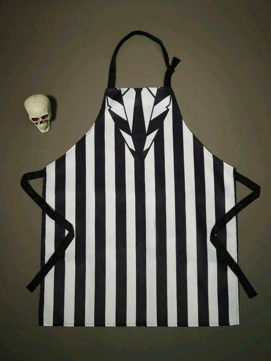 Black-and-white striped cooking apron with tie closure and jagged chest print