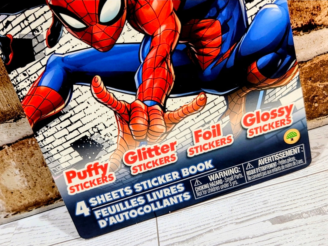 Spider-Man 4-sheet sticker book with "puffy, glitter, foil, glossy" labels
