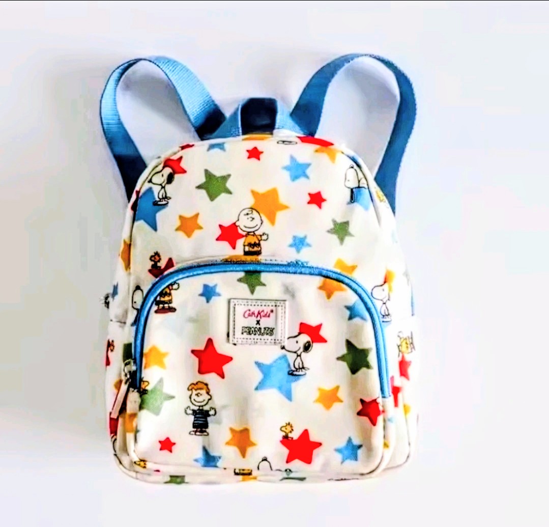 Kids mini backpack with blue straps, colorful star and character print, front zip