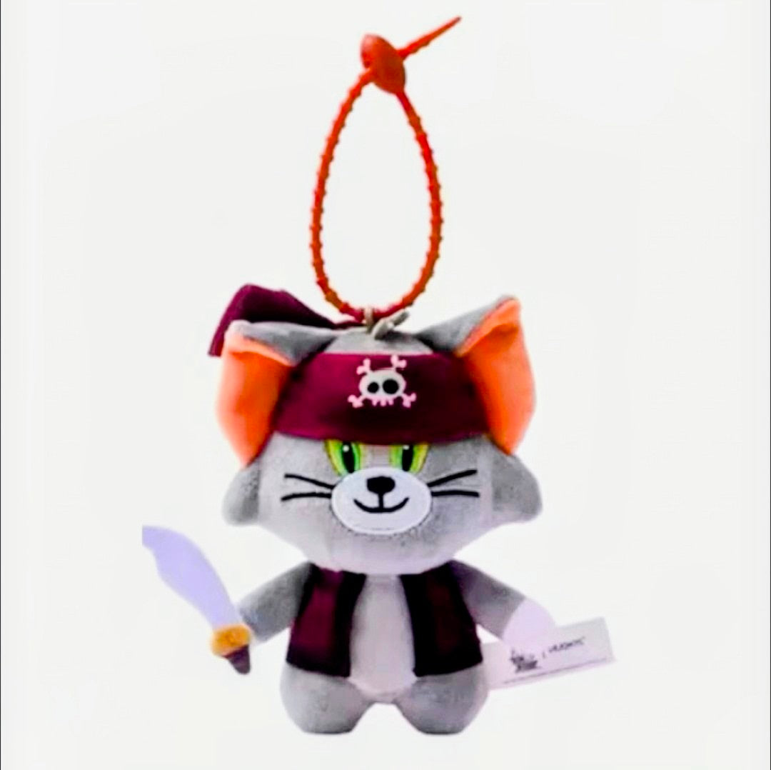 Pirate cat plush keychain, gray fur with skull bandana and red dangling loop