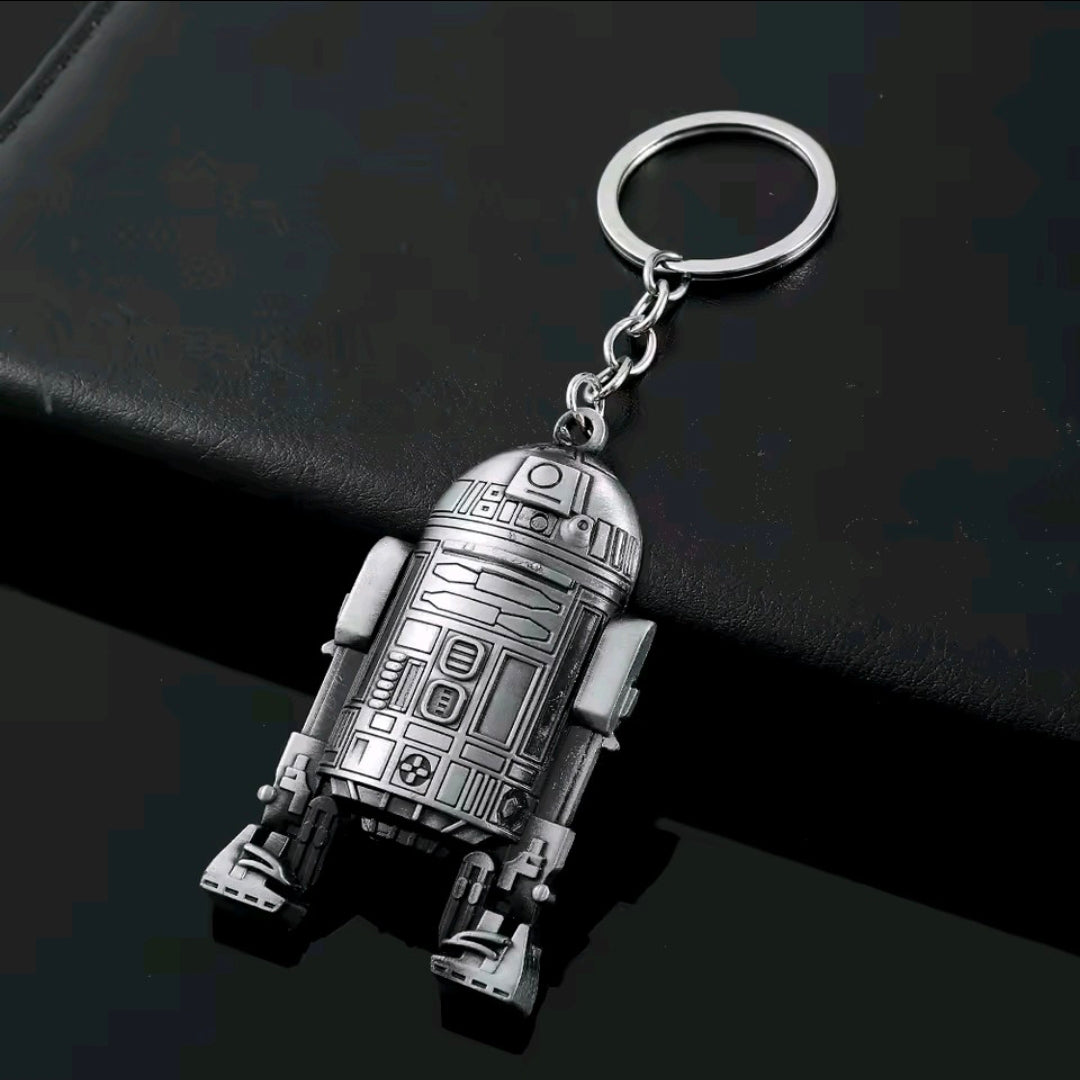 R2-D2 antique silver metal keychain droid figure, side angle with keyring
