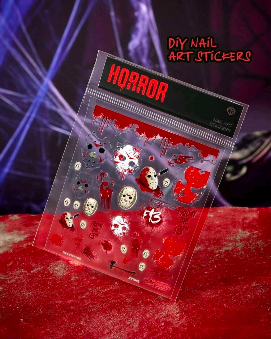 Horror nail art sticker packet labeled “Horror” with red-and-white design sheet inside