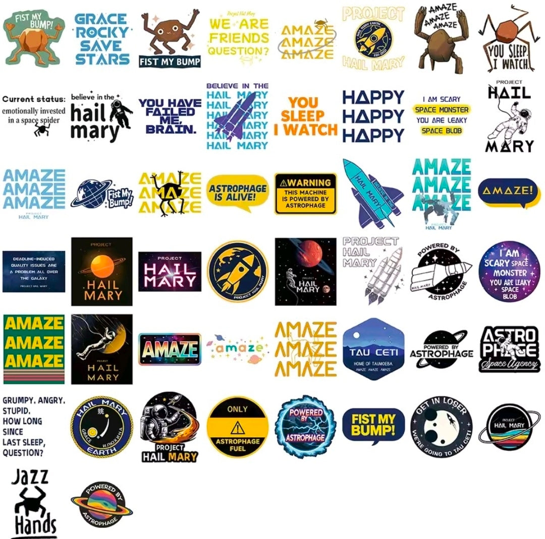 Vinyl sticker sheet with many space character icons, badges, and planet logos