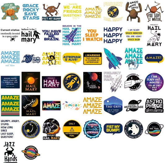 Vinyl sticker sheet with many space character icons, badges, and planet logos