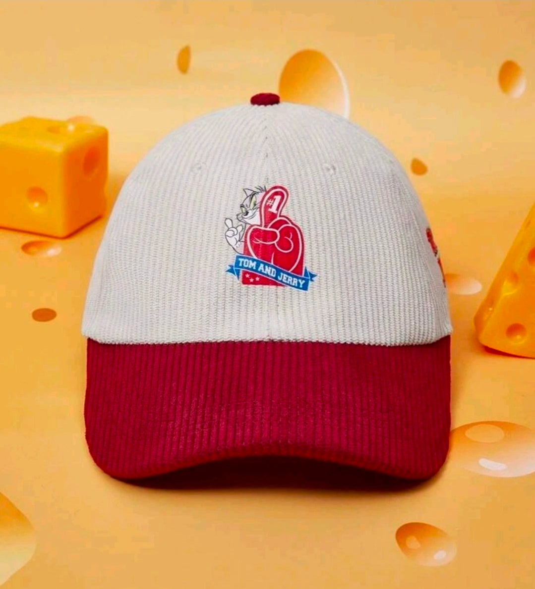 Two-tone Tom & Jerry baseball cap with light gray crown and burgundy brim