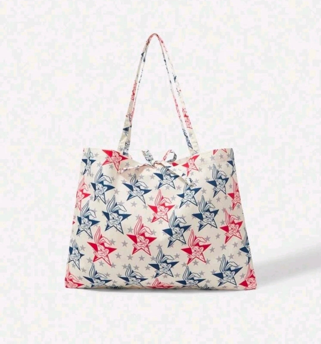 Patriotic tote bag with star and cartoon bunny pattern, front view