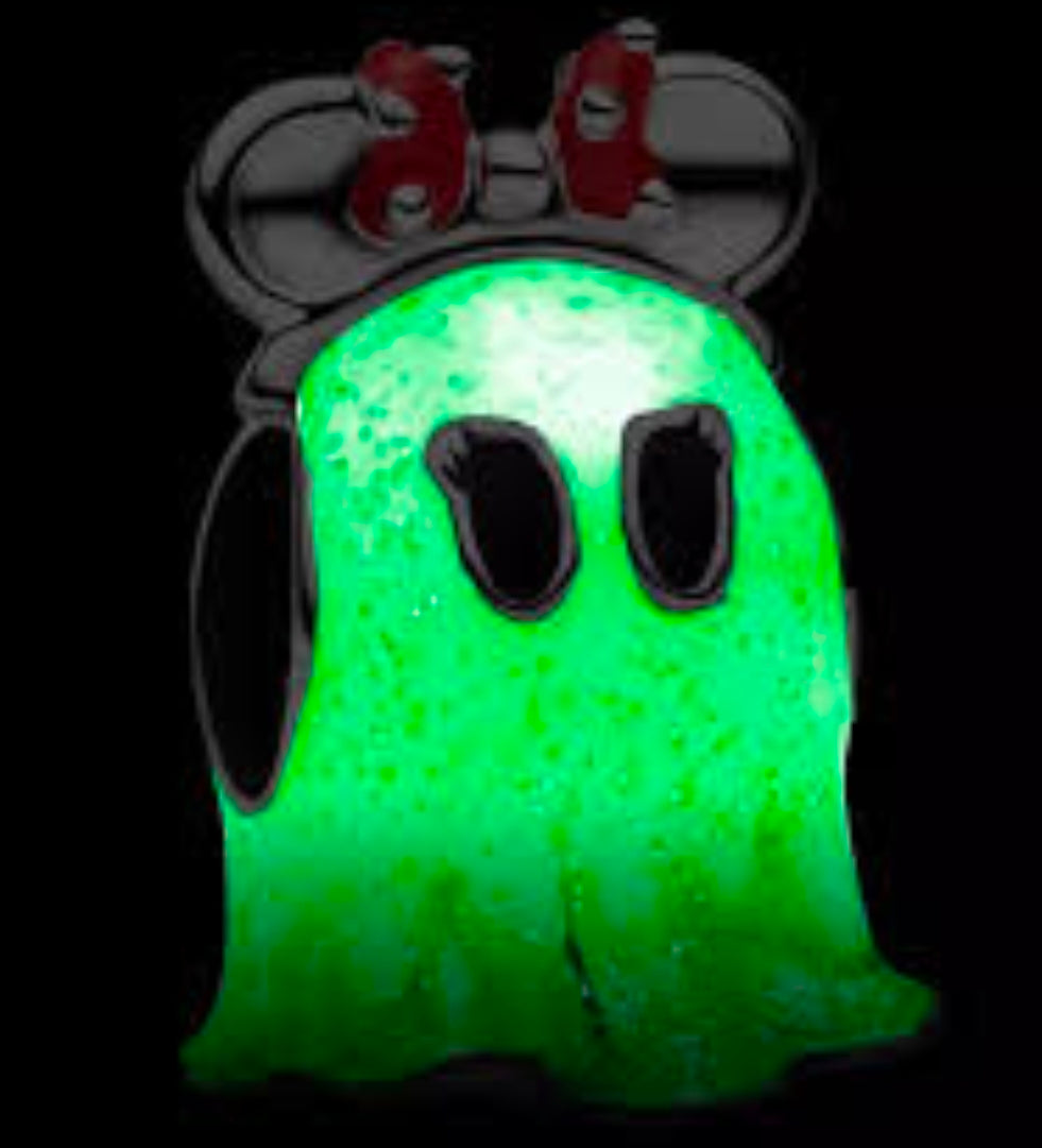 Glow-in-dark green Minnie ghost charm with red bows, silver ears, and black eyes