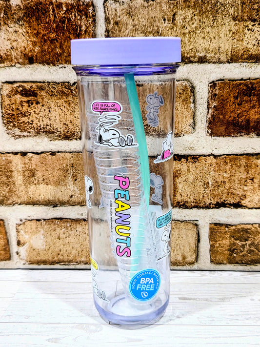 Clear 800ml water bottle with pop-up turquoise straw and Snoopy vintage graphics
