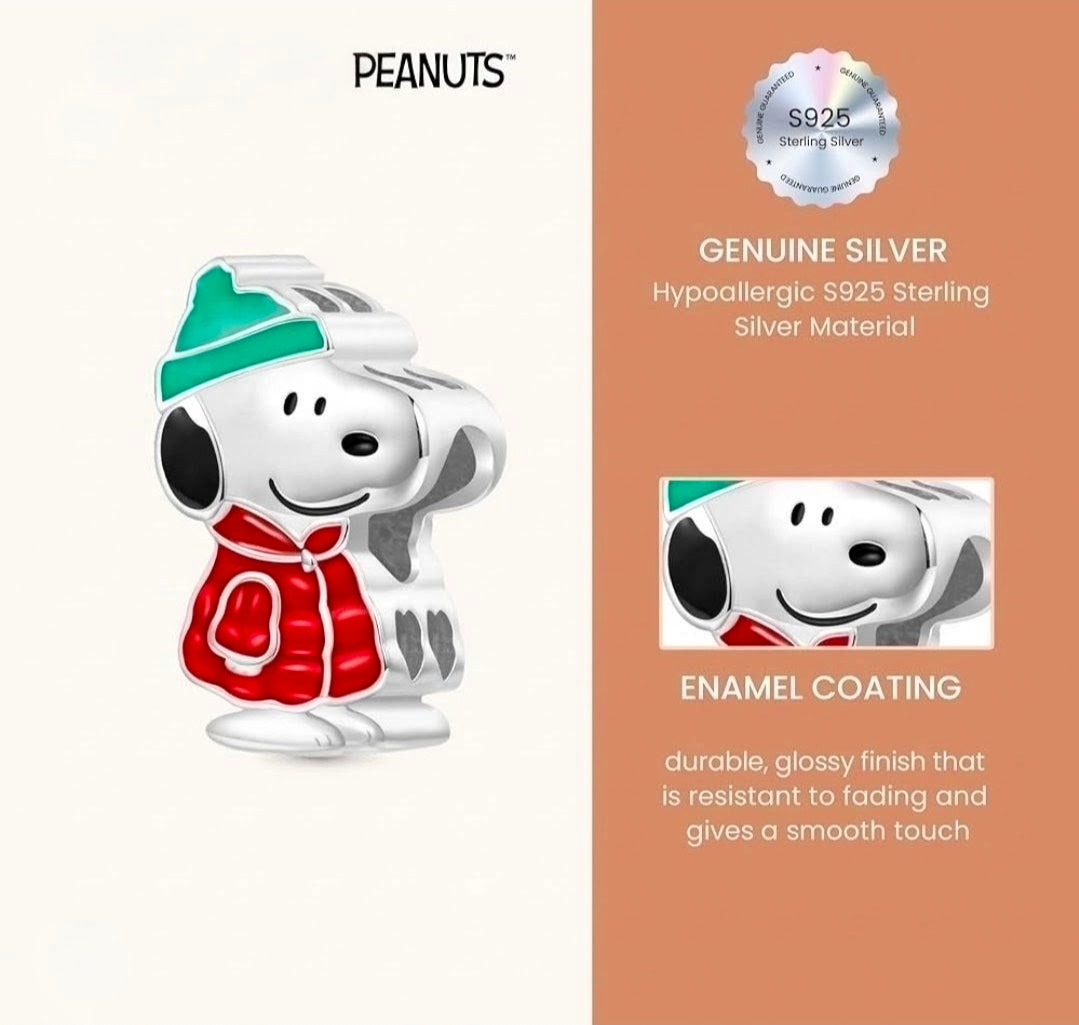 S925 sterling silver Snoopy winter puffer coat charm, green hat and red coat enamel