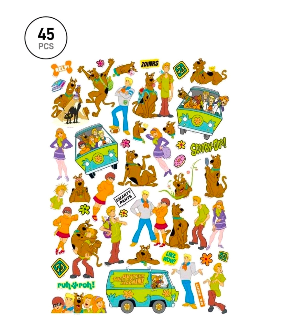 Scooby-Doo 45-piece sticker set with characters, symbols, and Mystery Machine
