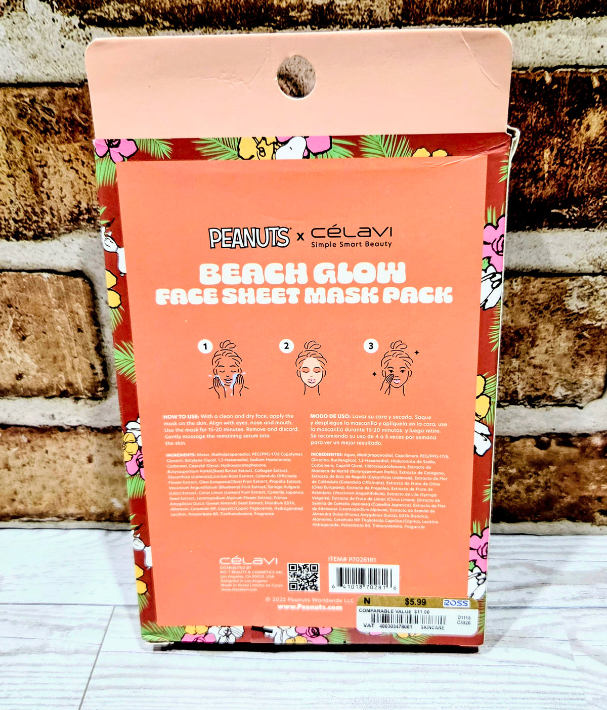 Beach glow face sheet mask pack, front view with Snoopy illustration and 5 masks