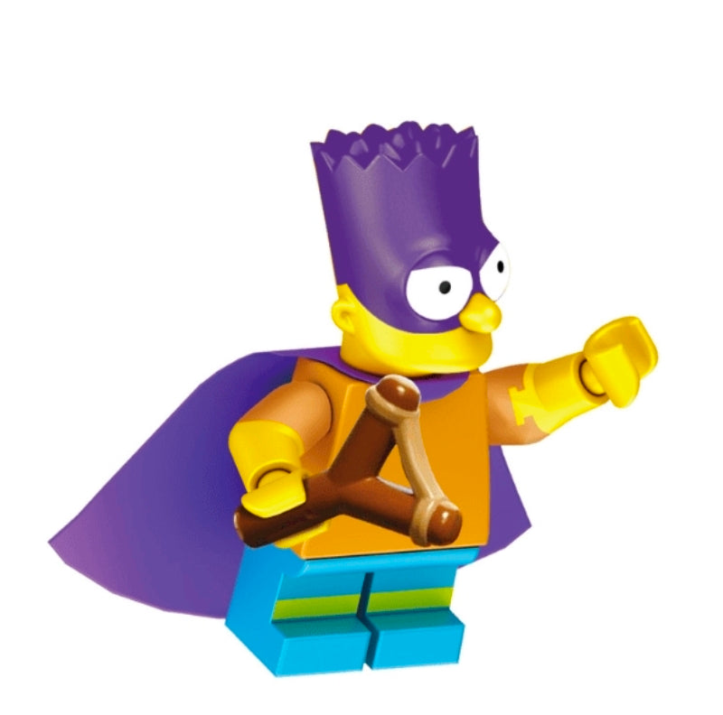 Milhouse super hero mini brick figure with purple hair and purple cape, holding a brown club