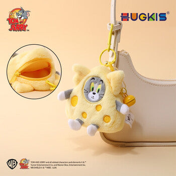 Cheese plush Tom keychain coin purse clipped to a zip pouch